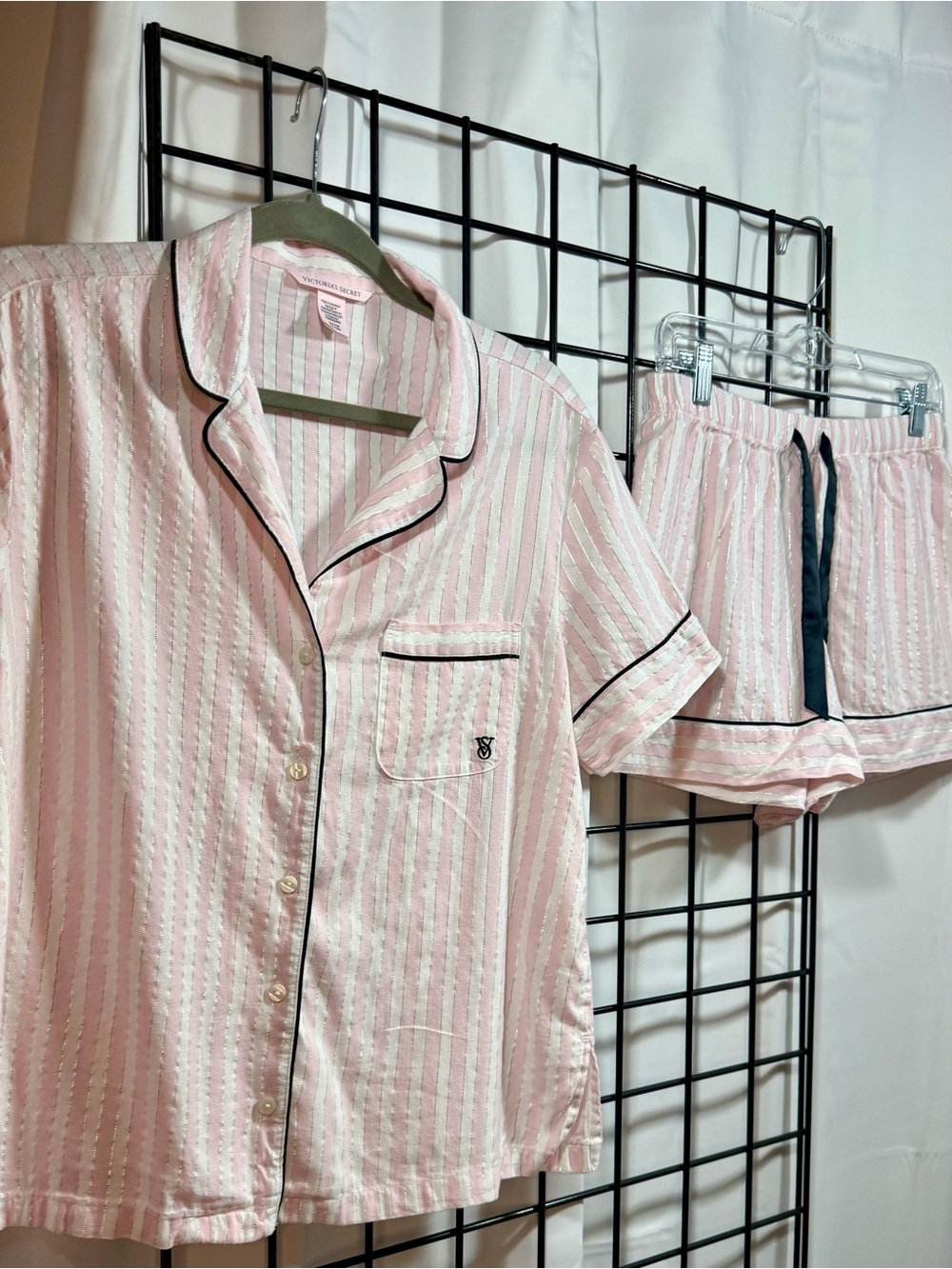 Victorias Secret Pink Stripe Short Pajama Set with Black Trim - Picture 2 of 10